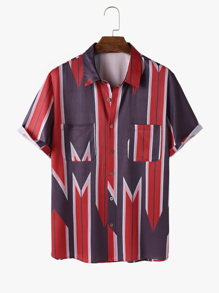 

Mens Ethnic Geometric Striped Print Texture Short Sleeve Shirts