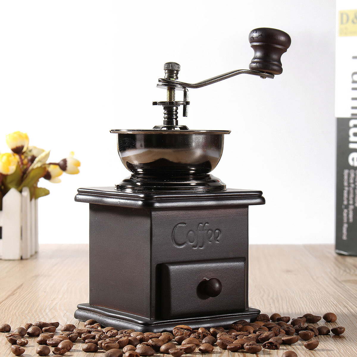 手動コーヒー豆粉砕機スパイスハーブビンテージレトロハンド研削ツール木製バーミル