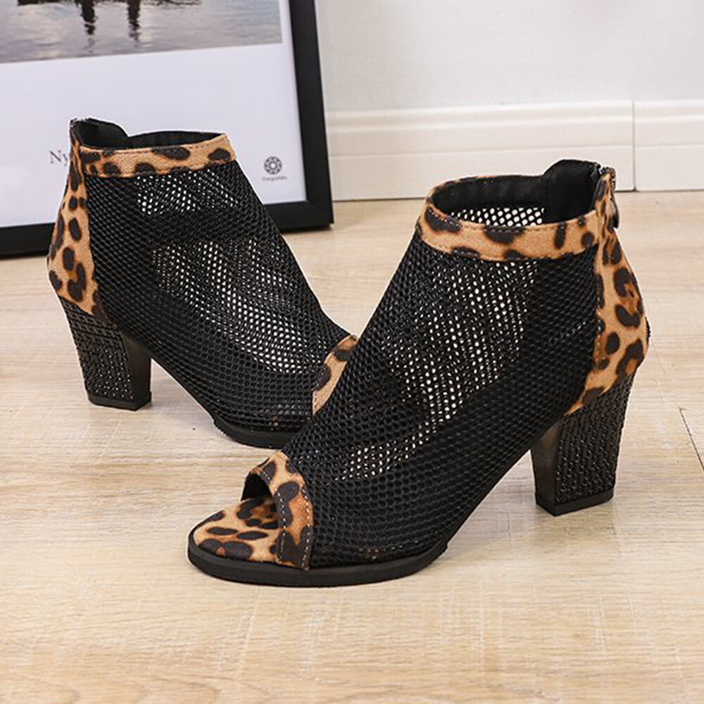 Dames Casual Mesh Ademende Chunky Heel Hollow Out Peep-toe Pumps Shoes