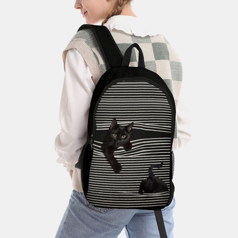 Women Oxford Cloth Large Capacity Cartoon Cat Stripe Pattern Printing Backpack