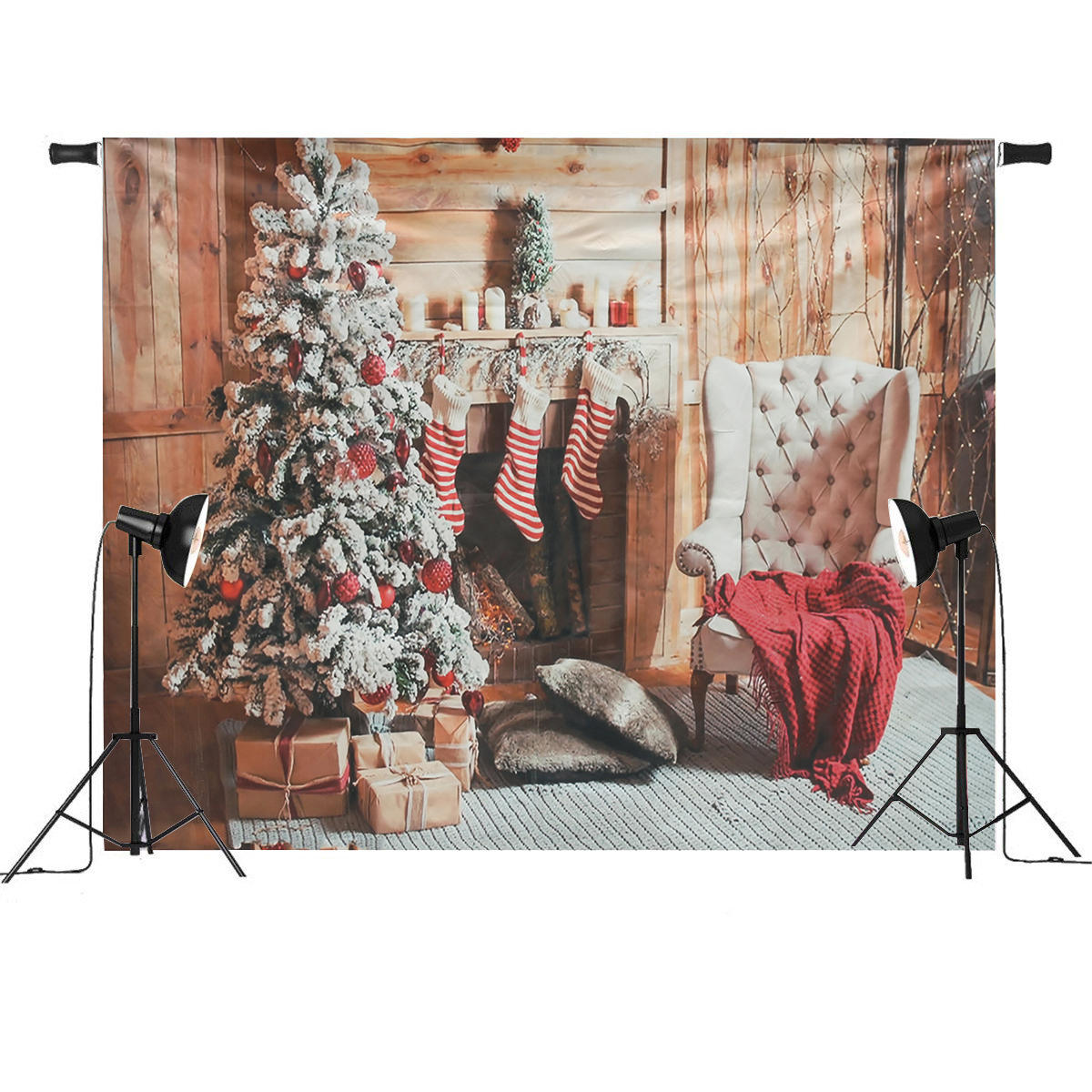 7x5ft Christmas Fireplace Christmas Tree Chair Gift Stockings Photography Backdrop Studio Prop Backg