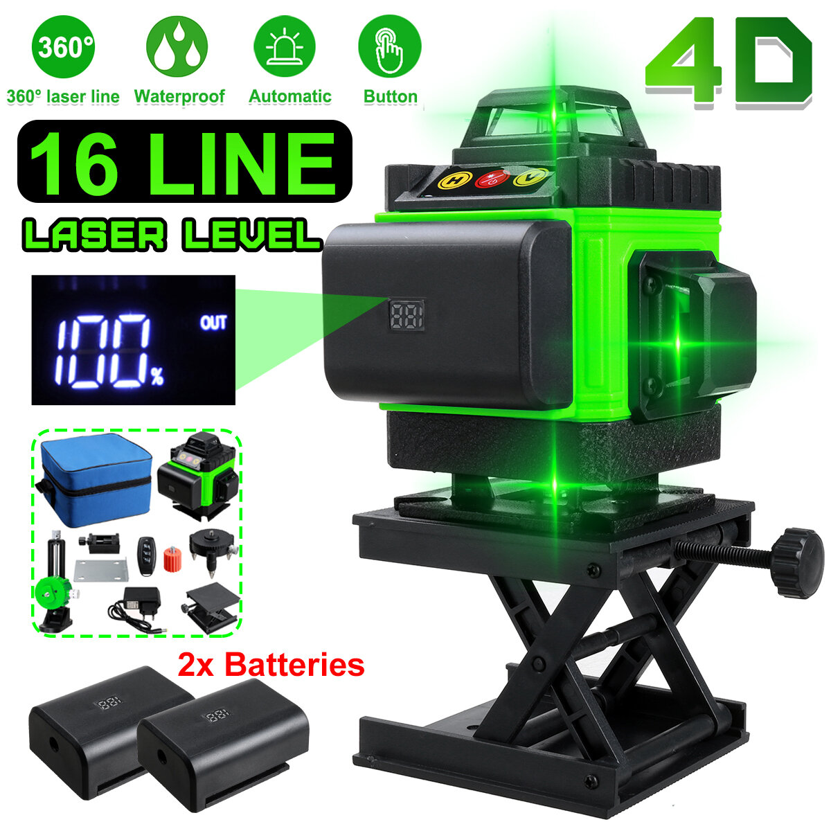 16 lijnen 4D laserwaterpas, groene laserlijn, zelfnivellerend, horizontale lijnen en 360 graden verticaal kruis met 2x batterij voor buiten