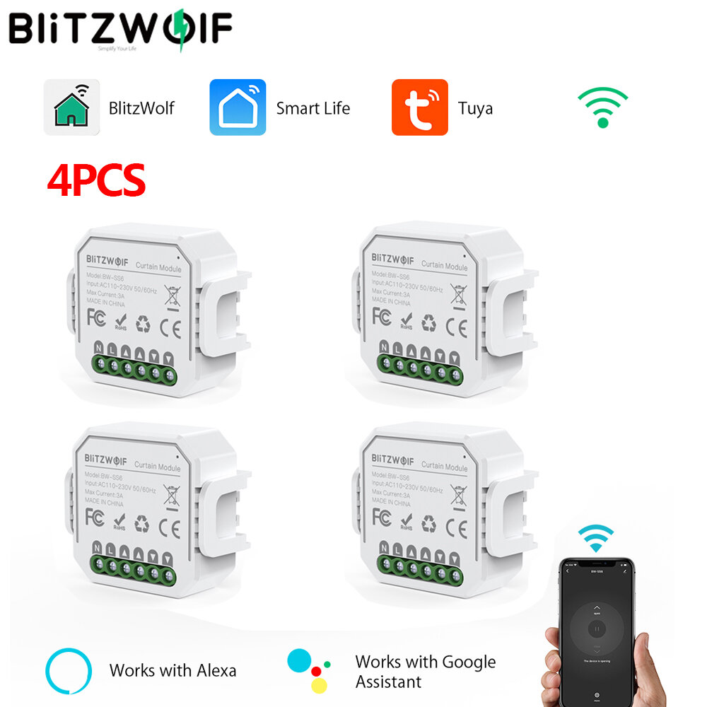 

[4PCS] BlitzWolf® BW-SS6 WIFI Smart Curtain Module APP Remote Controller Timing Open/Close Work with Google Assistant Am