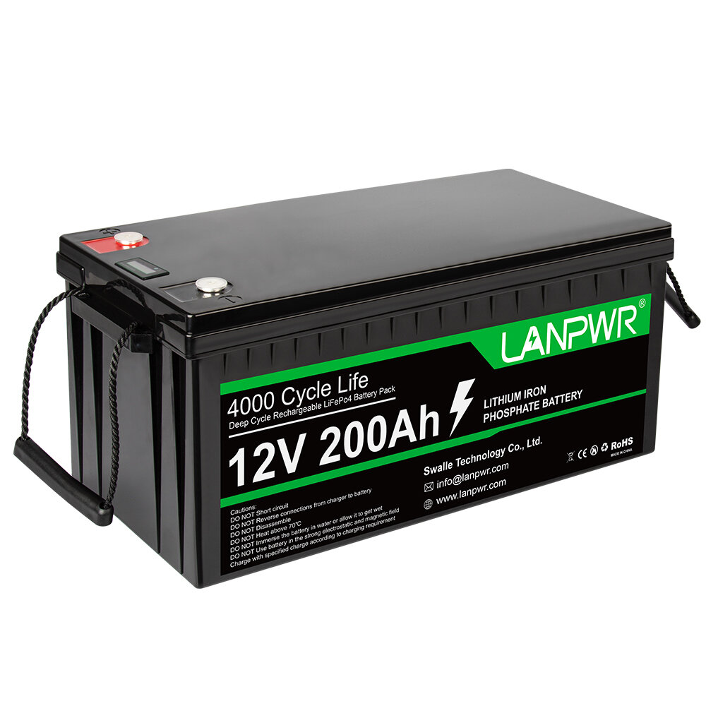 [EU Direct] LANPWR 12V 200Ah LiFePO4 Lithium Battery Pack 2560Wh Energy 4000+ Deep Cycles Built-in 100A BMS 46.29lb Light Weight Support in Series Parallel Perfect for Replacing Most of Backup Power RV Boats Solar Trolling Motor Off-Grid