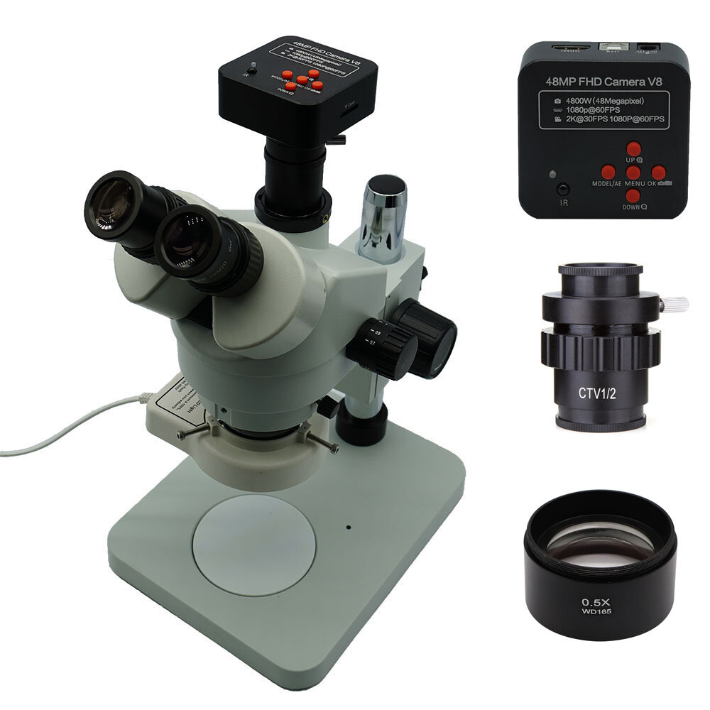 

3.5X-45X Trinocular Stereo Zoom Big Table Stand Microscope with 48MP Microscope Camera 0.5X Auxiliary Objective Lens
