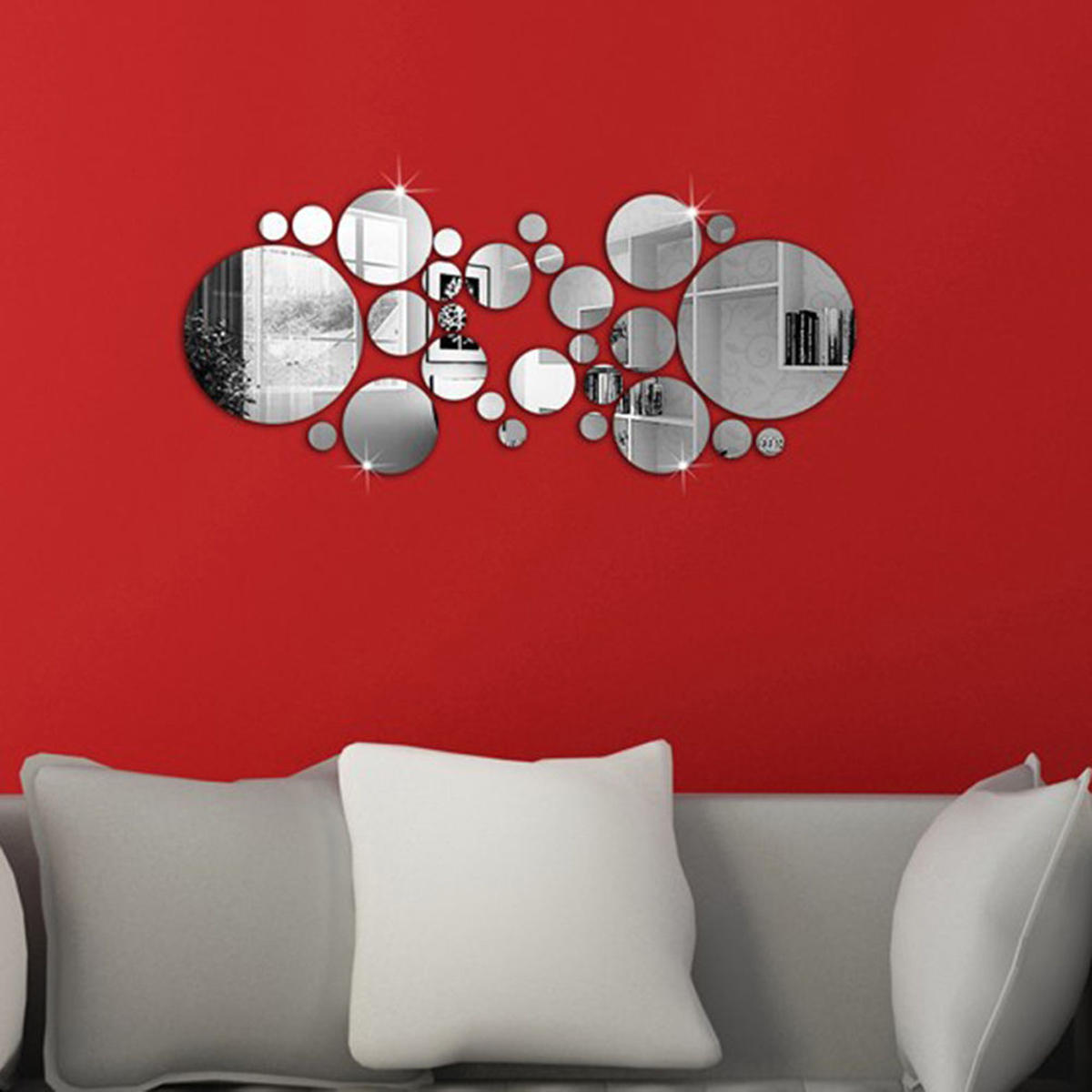28Pcs 3D Sticker Modern Art Acrylic Silver Round Mirror Removable Wall Sticker DIY Home Decor