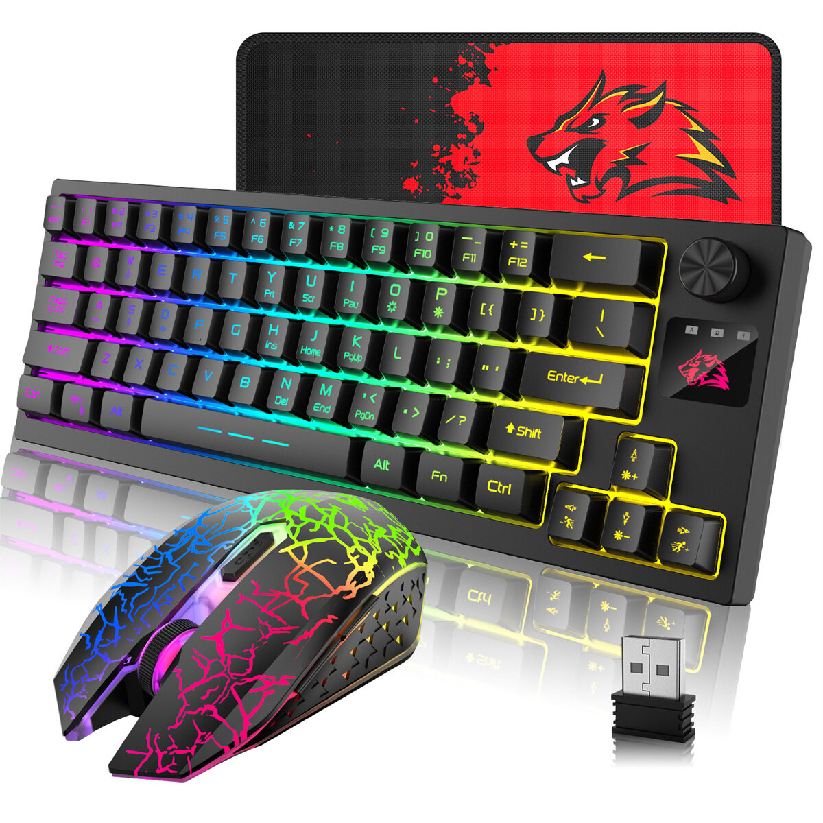 ZIYOULANG T50 2.4G Wireless Keyboard Mouse Combo 64-Keys Translucent RGB Backlit Gaming Keyboard Adj