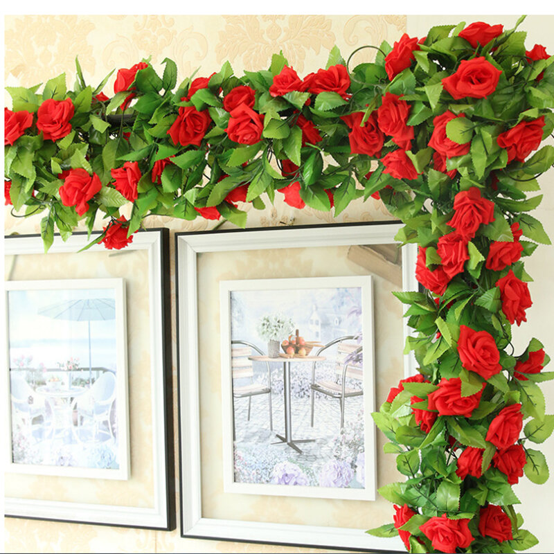 Kunstmatige roos met groene bladeren DIY hangende guirlande bloemen wijnstokken voor thuis bruiloft 