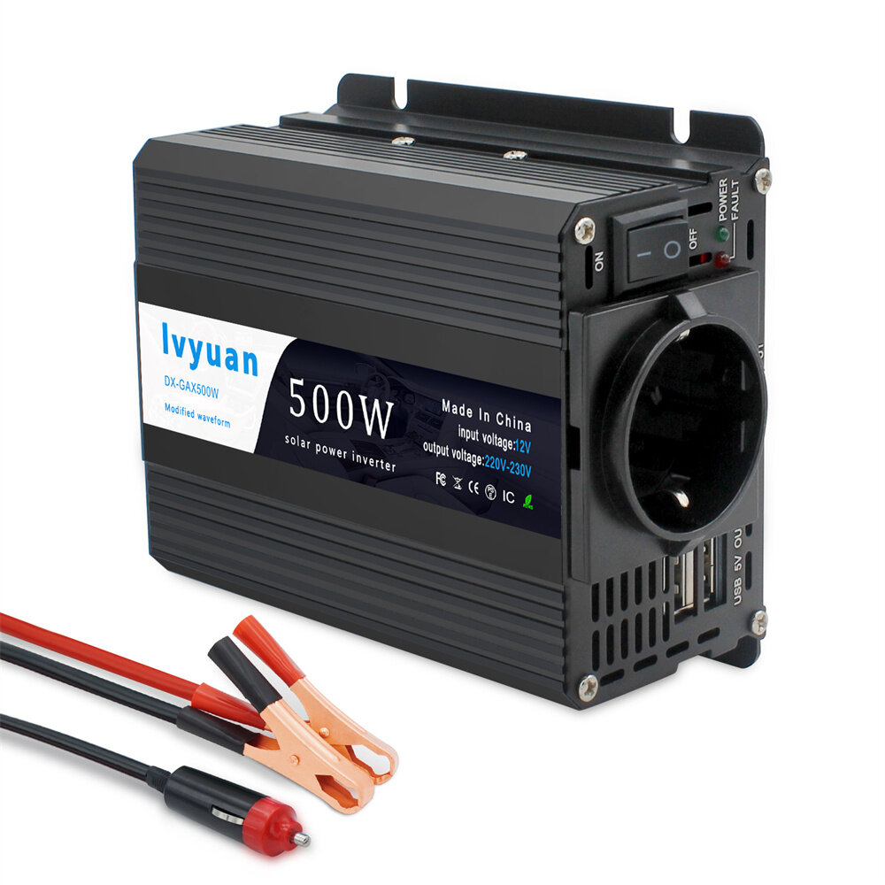 [EU Direct] Ivyuan 350W (500W Пик) преобразователь напряжения постоянного тока в переменный ток 12V постоянного тока в 220V переменного тока автоматический трансформатор с двумя портами USB для автомобиля и гнездом ЕС, F-500A