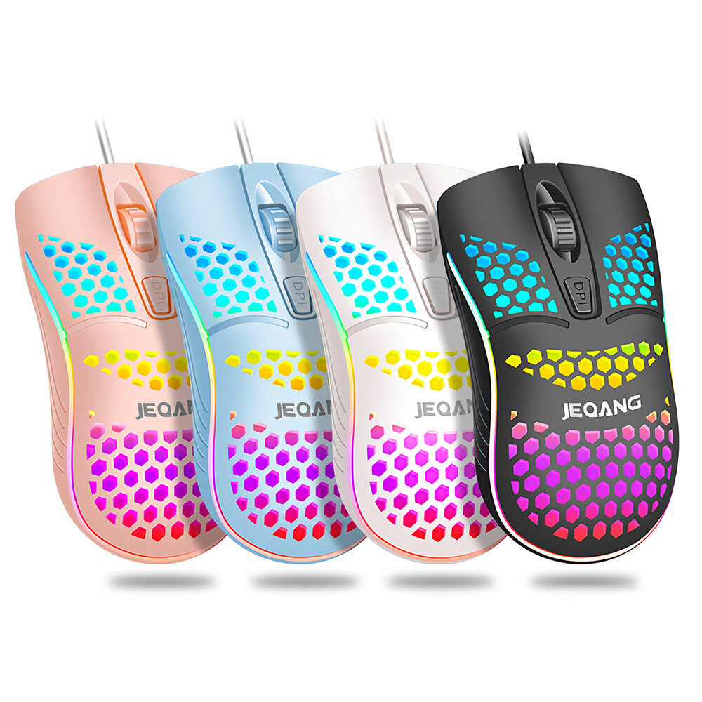 

JEQANG JM-G102 Wired Gaming Mouse Honeycomb Hollow Design 70g Lightweight 1600DPI 4 Buttons RGB Backlight Mouse For Home