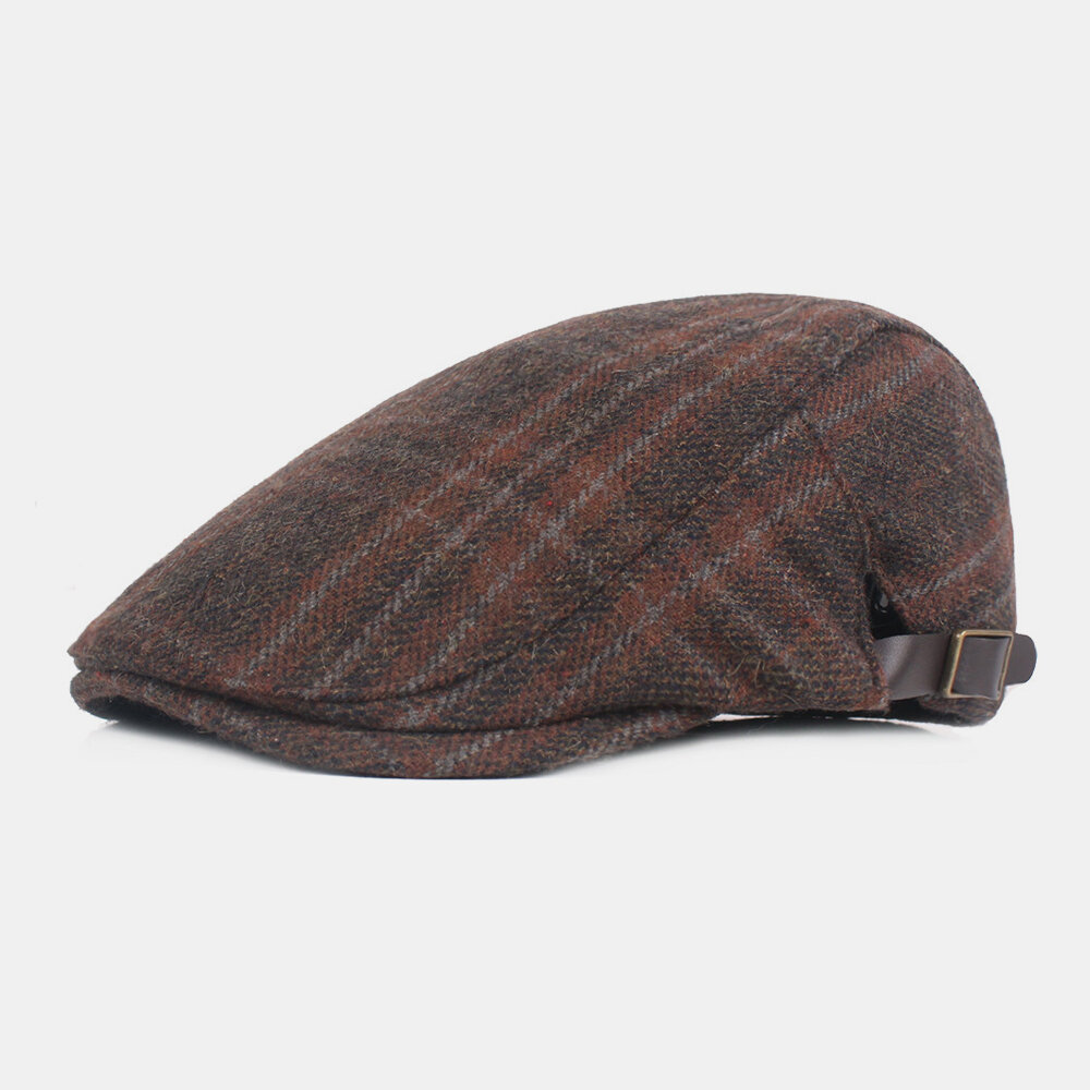 

Men Felt Plaids Retro British Style Casual Warm Thermal Flat Hat Forward Hat Beret Hat