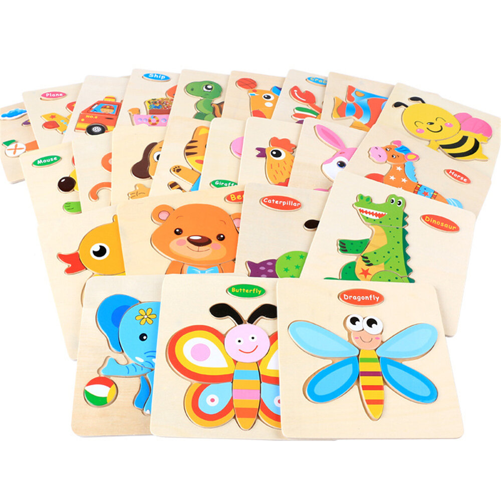 3D Cartoon Puzzle Toddlers Wooden Puzzle Toys Animal Shaped Jigsaw Learning Educational Game Gift fo