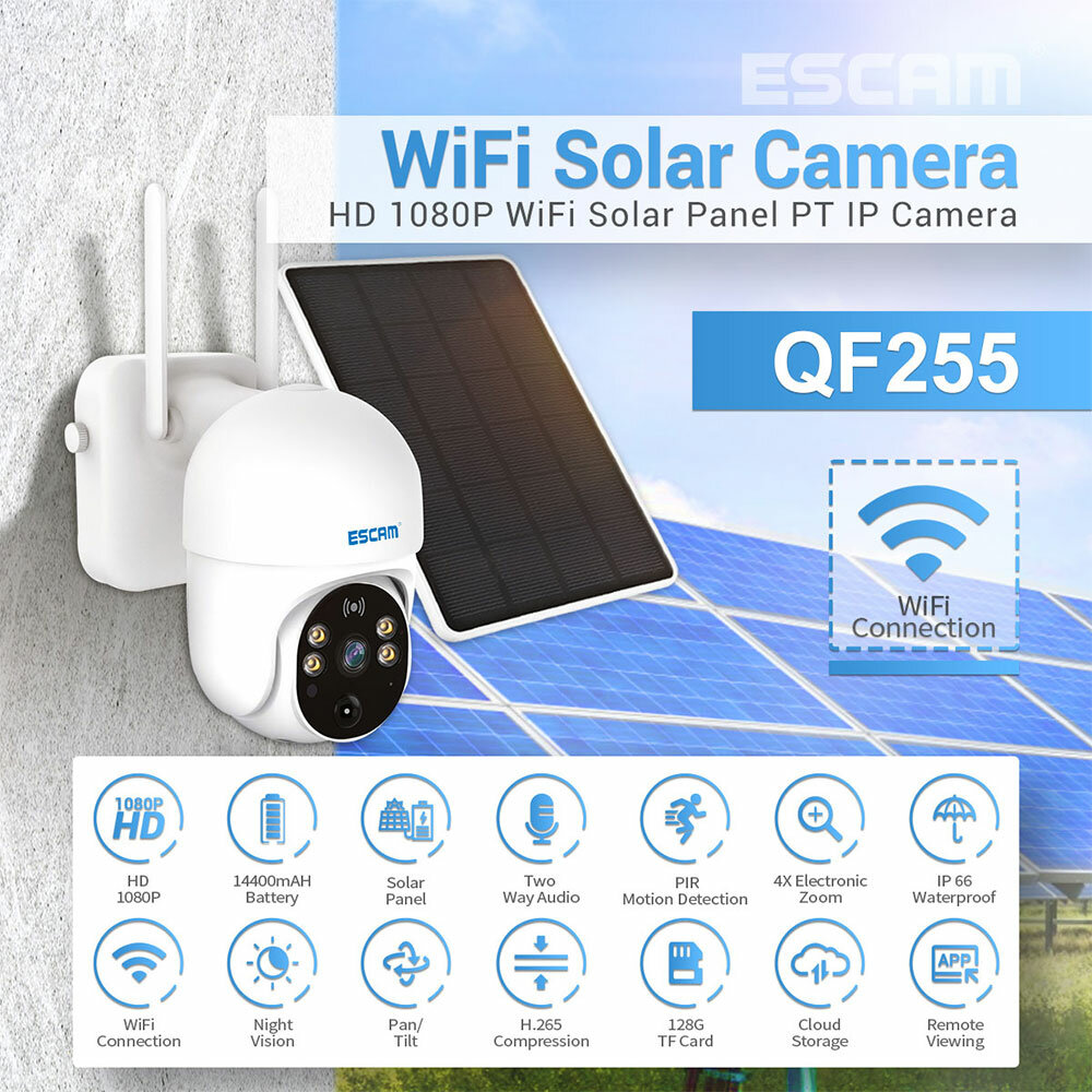 

ESCAM QF255 2MP 1080P 4 x Zoom WIFI IP Camera Solar Power PTZ PIR Human Body Detection Two-way Voice Dual light Source N