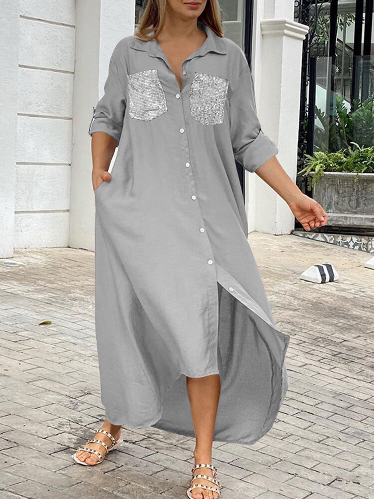 Women Sequins Shirt Solid High Low Hem Calf Length Midi Dresses