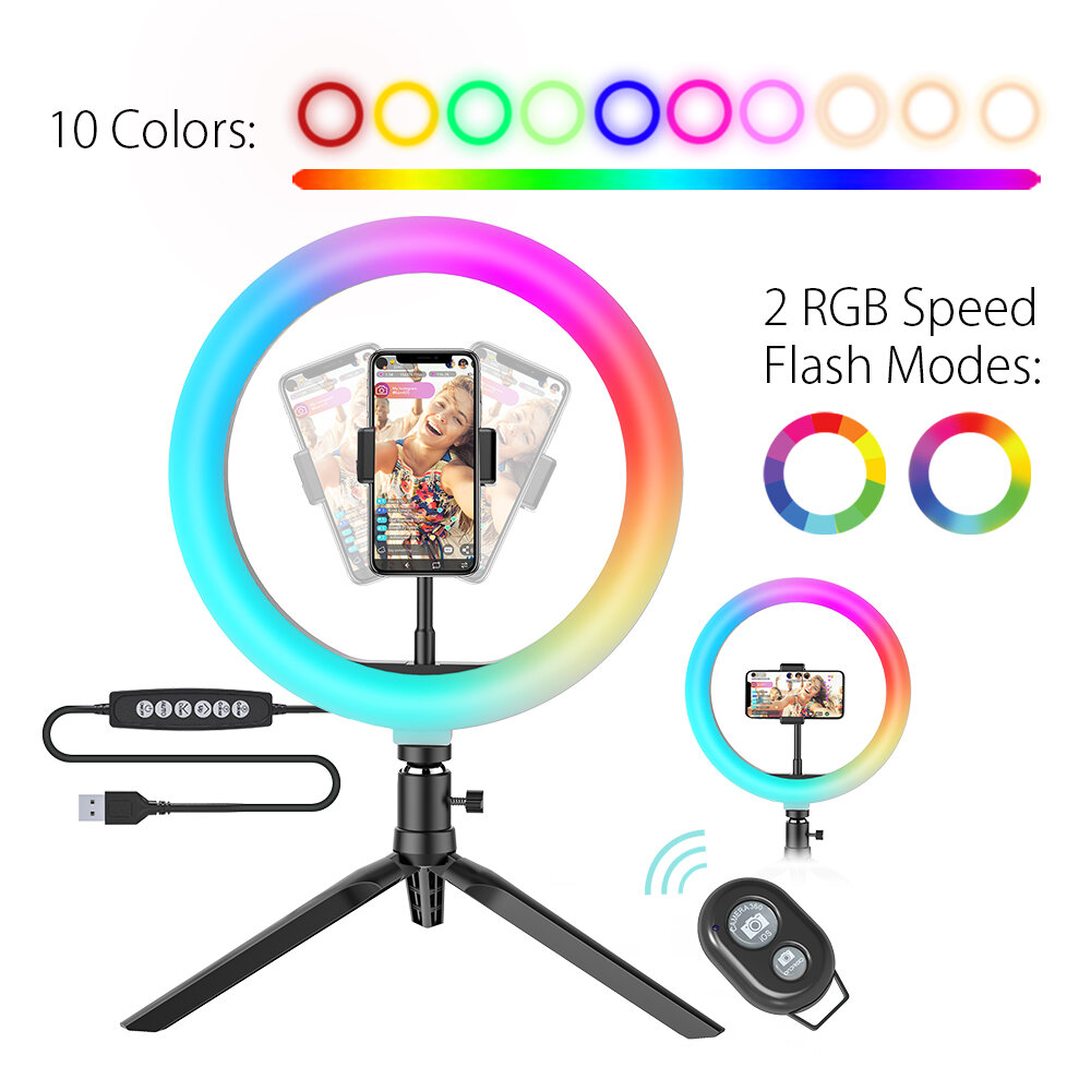 BlitzWolf® BW-SL5 10 inch RGB LED-ringlicht Dimbare Selfie-ringlamp voor YouTube Tiktok Live Stream-make-up met statief Telefoonhouder