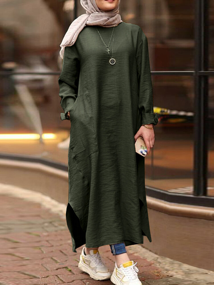 Women Solid Color O-neck Long Sleeves Splited Robe Kaftan Casual Maxi Dress...