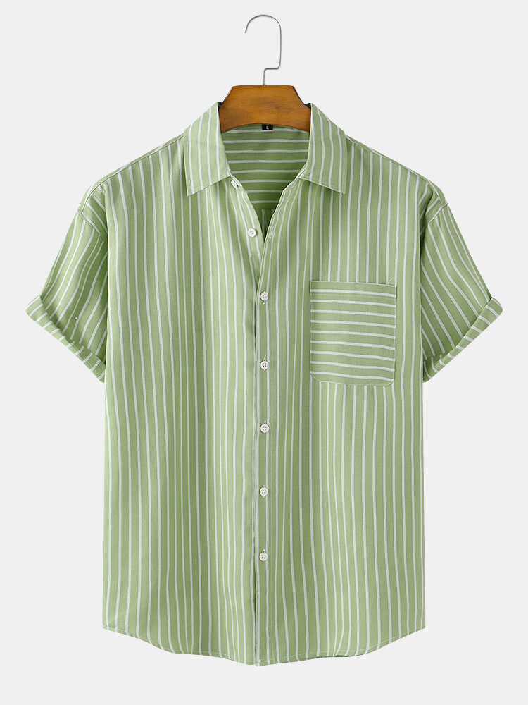 Mens Vertical Stripes Chest Pocket Cotton Breathable Short Sleeve Shirts