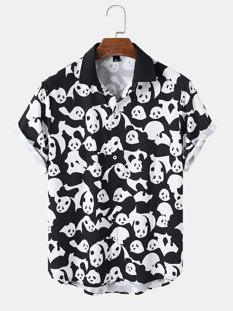 Heren cartoon Panda print kleurcontrast shirt met korte mouwen
