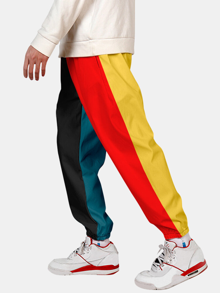 

Mens Contrast Drawstring Waist Cuffed Jogger Pants With Pocket