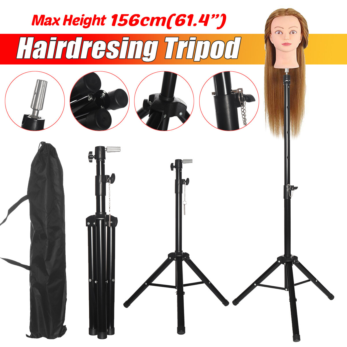 1.56m Height Adjustable Cosmetology Tripod Wig Stand Holder for Doll Head Hairdressing Training