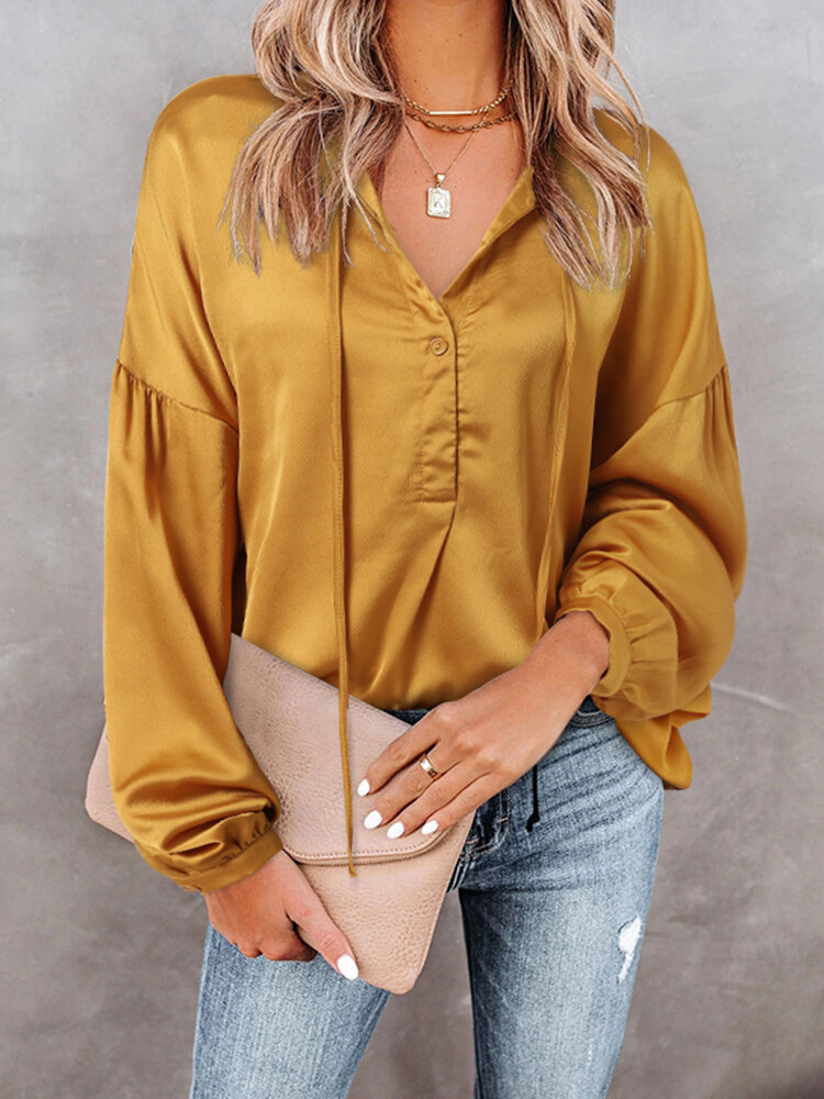 Solid Satin Long Sleeve Tie Front V-neck Blouse