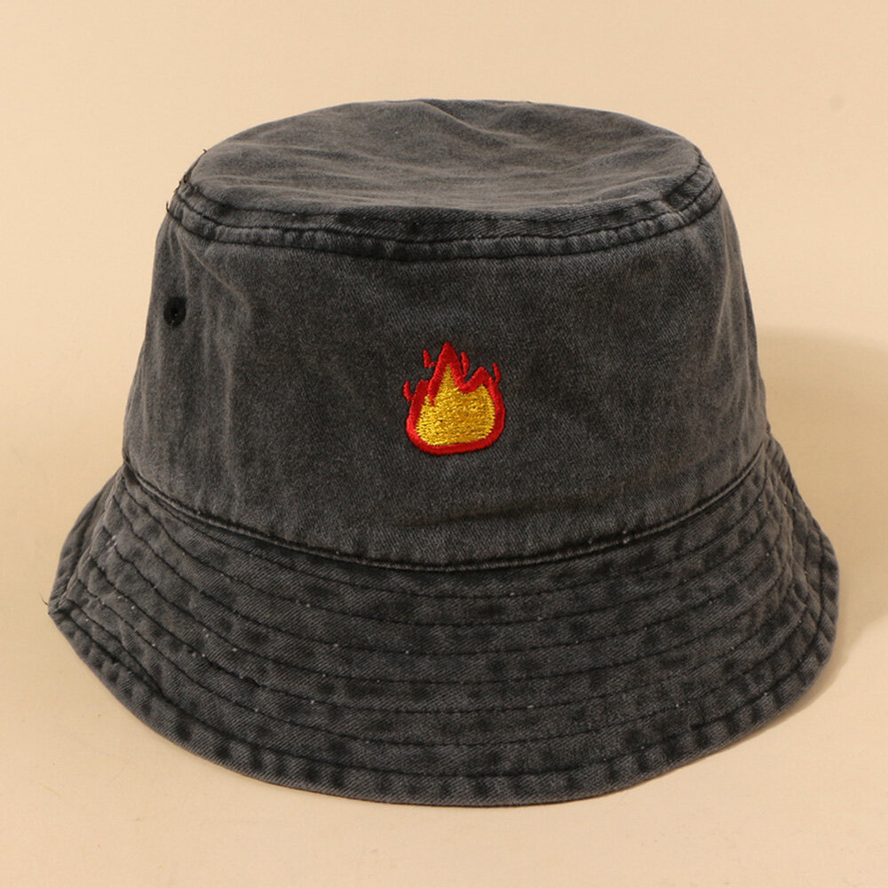 Unisex Washed Cotton Flame Pattern Embroidery Fashion Sunscreen Bucket Hat