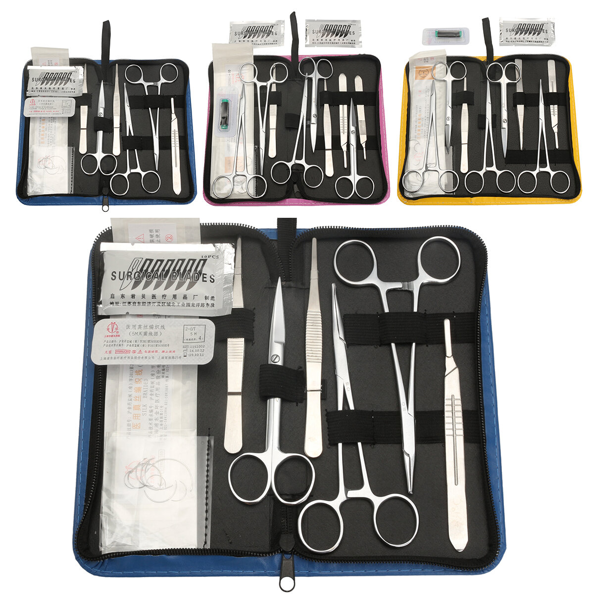 Kit de prática de sutura que inclui um pacote de curso de sutura desenvolvido profissionalmente e uma bolsa de ferramentas.