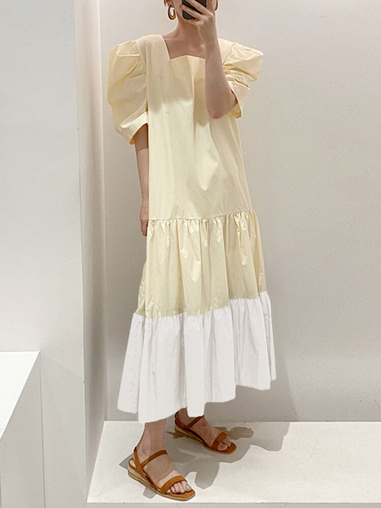 Puff Sleeve Spliced Pleated Solid Loose Summer Dress For Women