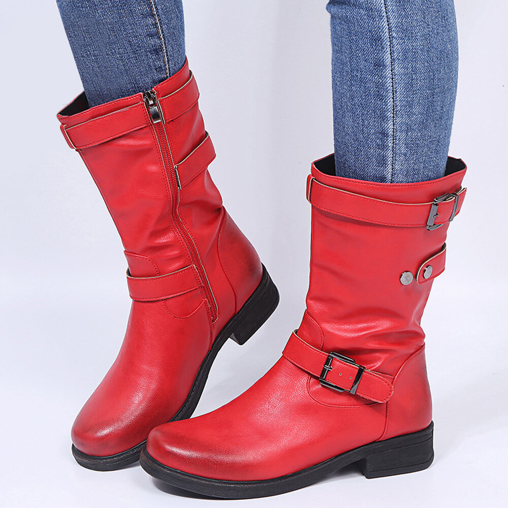 Women Large Size Retro Solid Color Buckle Strap Block Heel Riding Boots