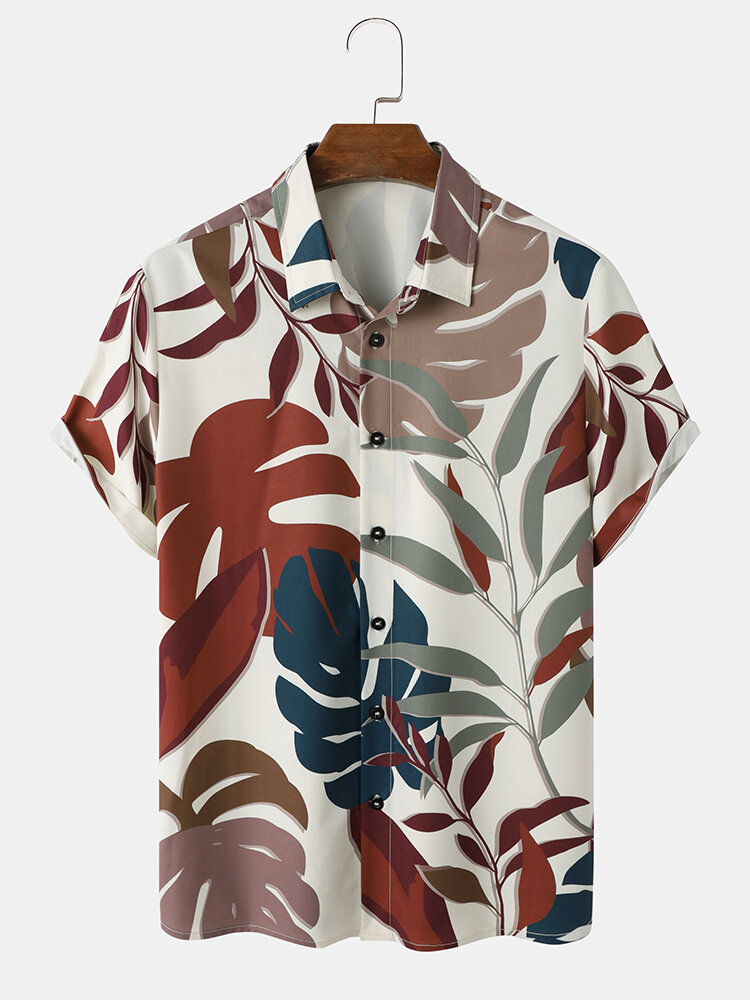 Heren tropische bladeren knoop revers korte mouwen casual shirts