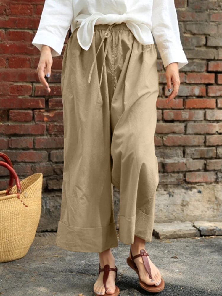 Dames Casual trekkoord Taille Effen vakantie Vintage wijde pijpen broek met zakken