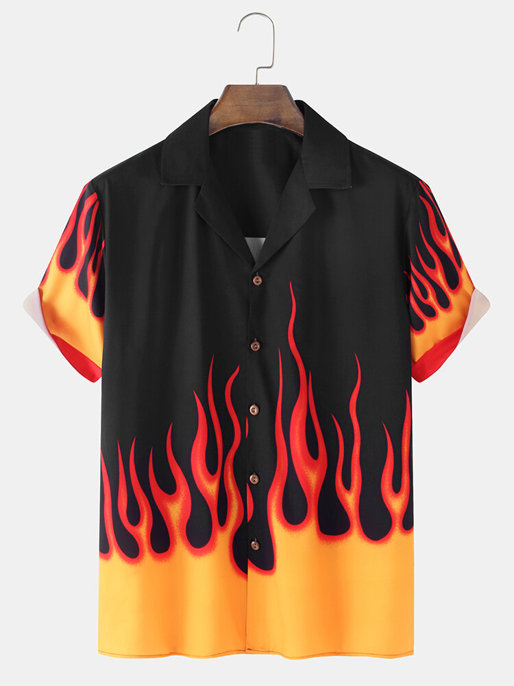 Mens Flame Print Revere Collar Loose Casual Short Sleeve Shirts