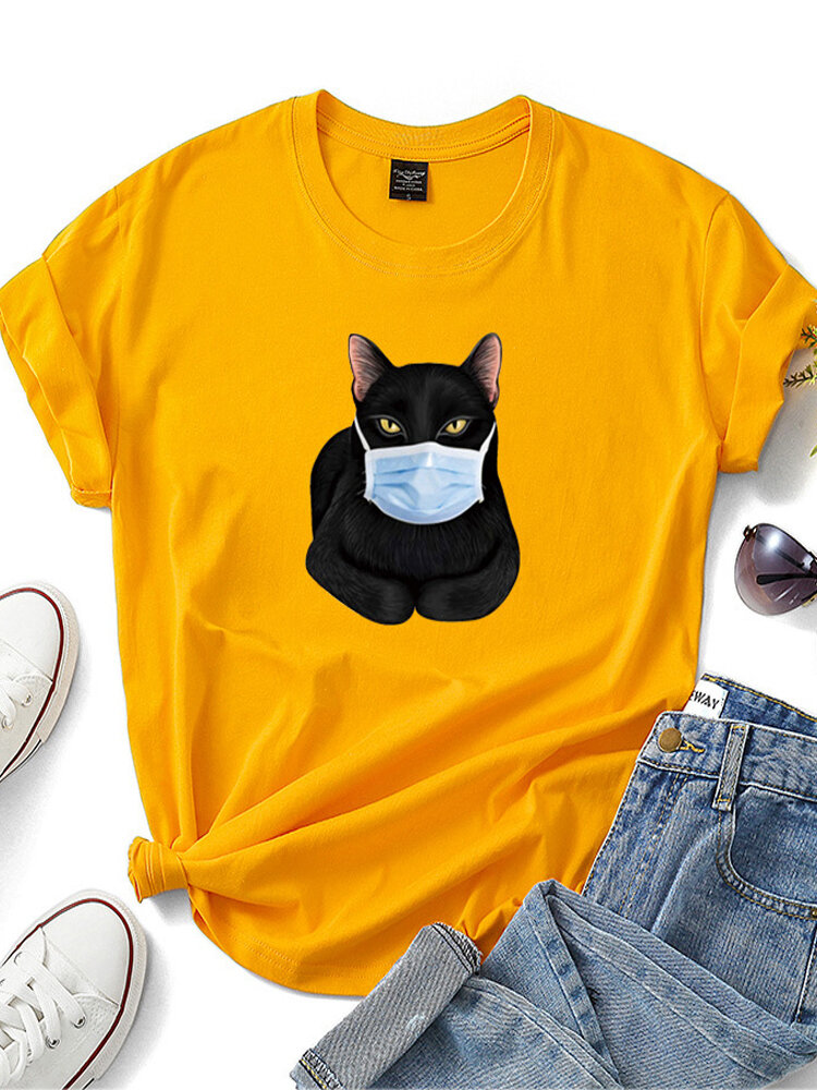 Cartoon maskers zwarte kat print dagelijkse casual T-shirts met korte mouwen