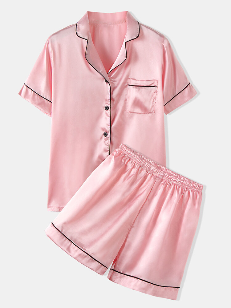 Plus size dames effen kleur Revere kraag Smooth Home Casual faux zijden pyjama set