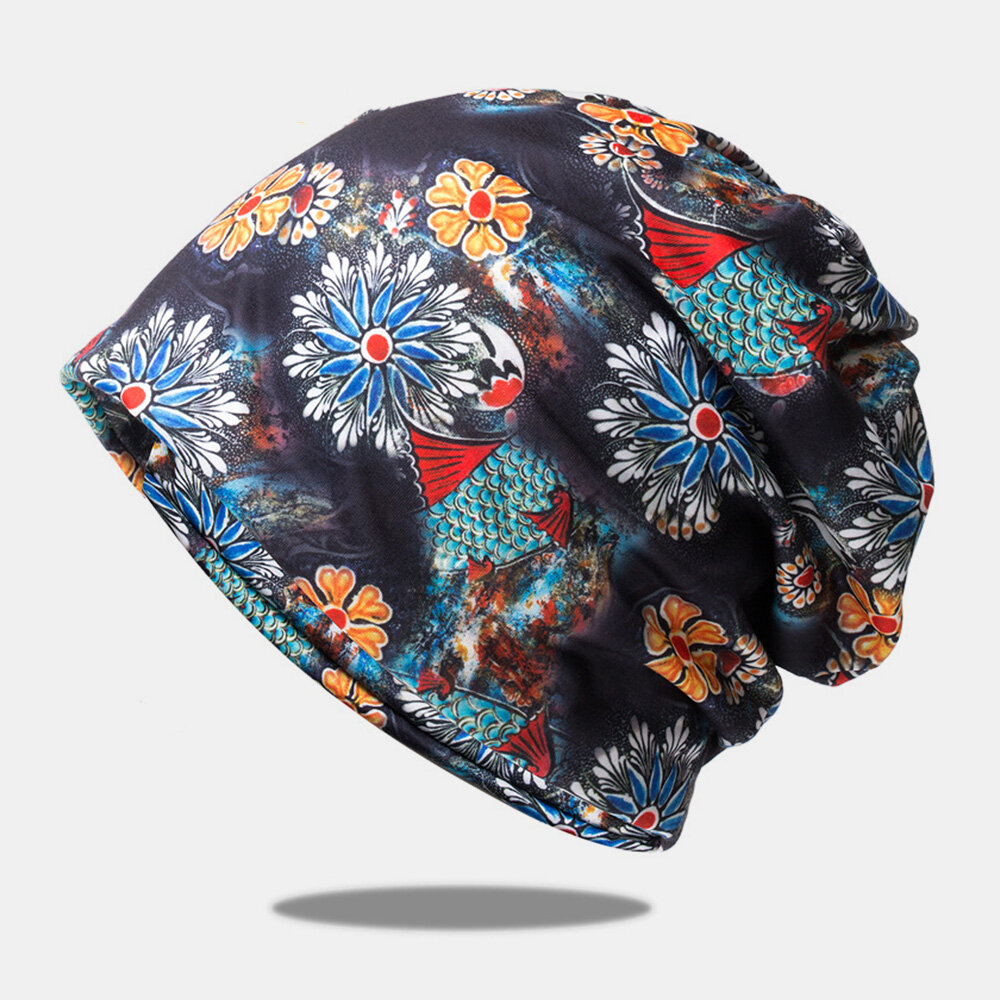 Women Dual-use Breathable Baotou Hat Cotton Overlay Colored Floral Printed Casual Elastic Scarf Bean