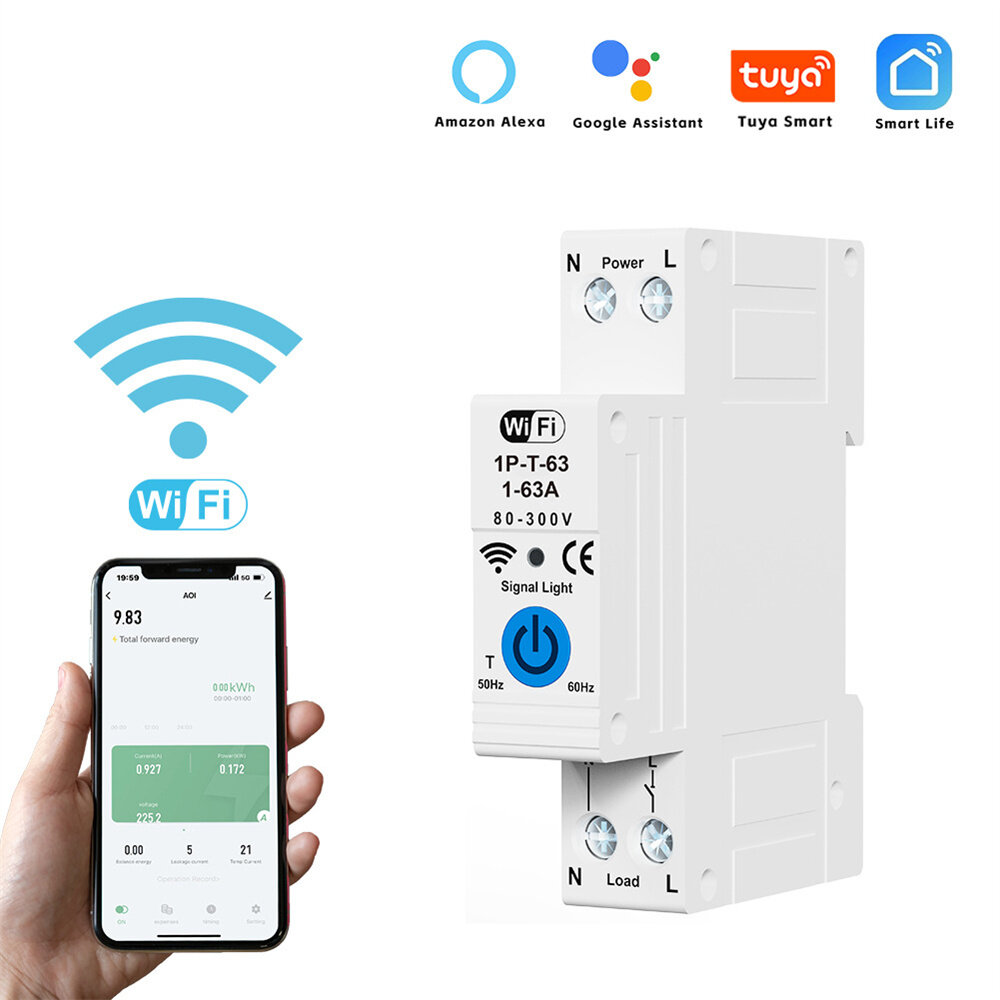 

RMDZT-1PNL 63A Smart WiFi Circuit Breaker ON/OFF Timing Function Short Circuit Protection Voice Control Real-Time Electr