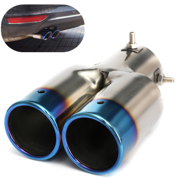 Universal Tip 6cm Inlet & Blue Dual Outlet Stainless Steel Exhaust Muffler
