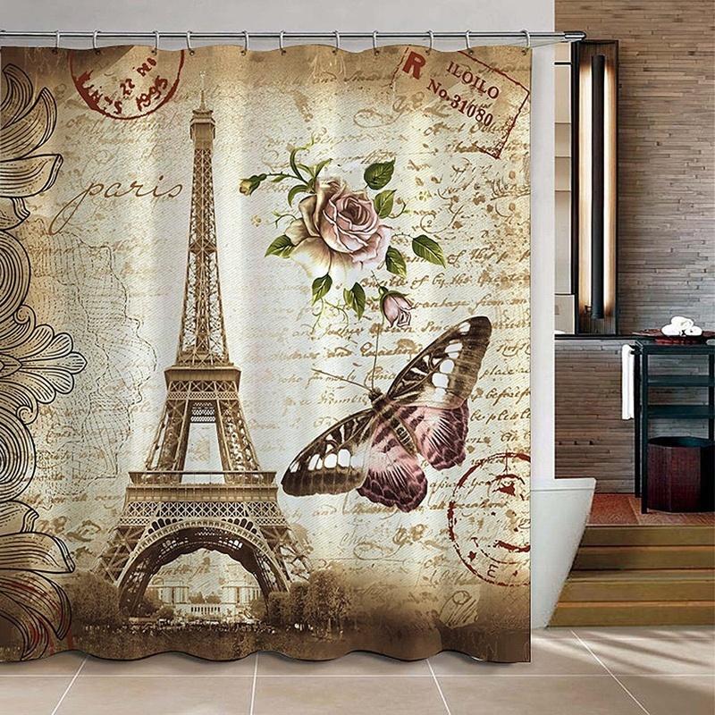 180x200cm Paris Bathroom Shower Curtains Eiffel Tower Waterproof Fabric & Hooks