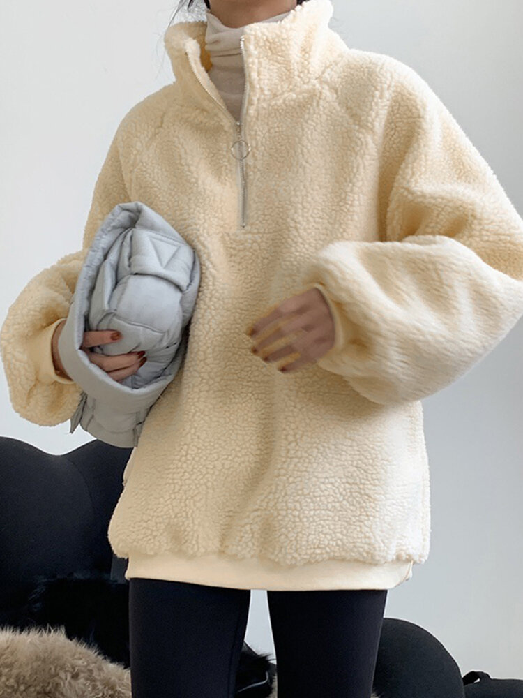 Women Fleece Casual Loose Solid Zipper Stand Collar Long Sleeve Pullover Sweatshirt