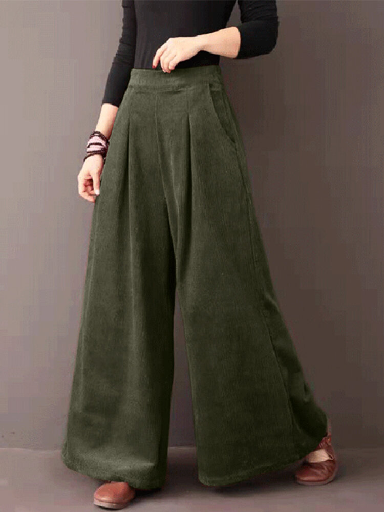 Women Solid Simple Casual Wide Leg Daily Wear Elastic Waist Pants with Pockets