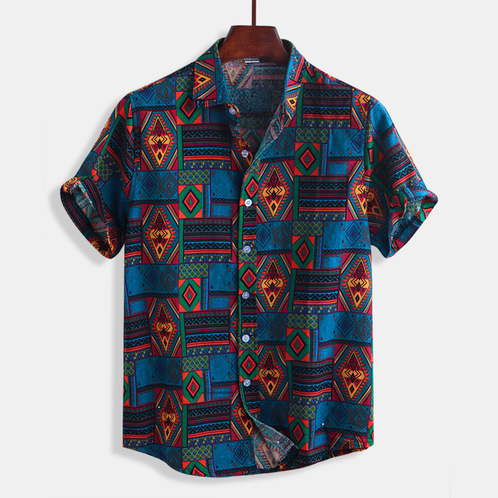 Heren vintage mode etnische patroon afdrukken zomer shirts