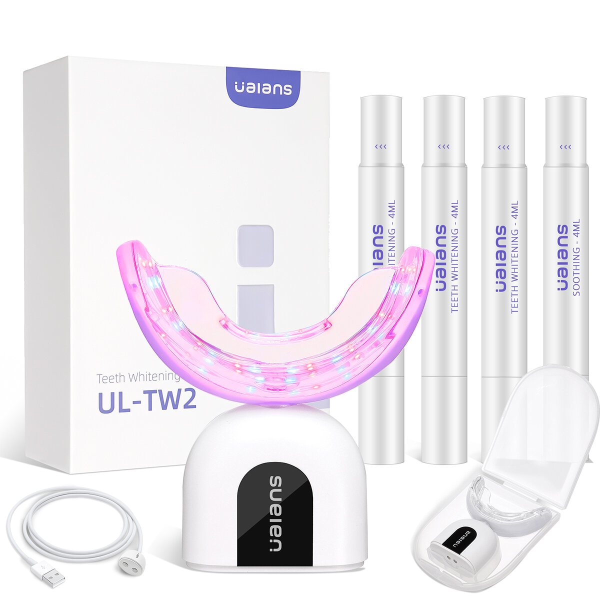 UALANS TW2 Teeth Whitening Kit 6X LED Light Tooth Whitener With 35% Carbamide Peroxide With Magnetic Integration Charging Super 3+1 Gel Capsule Combination IPX6 Waterproof 10 Minute Timer