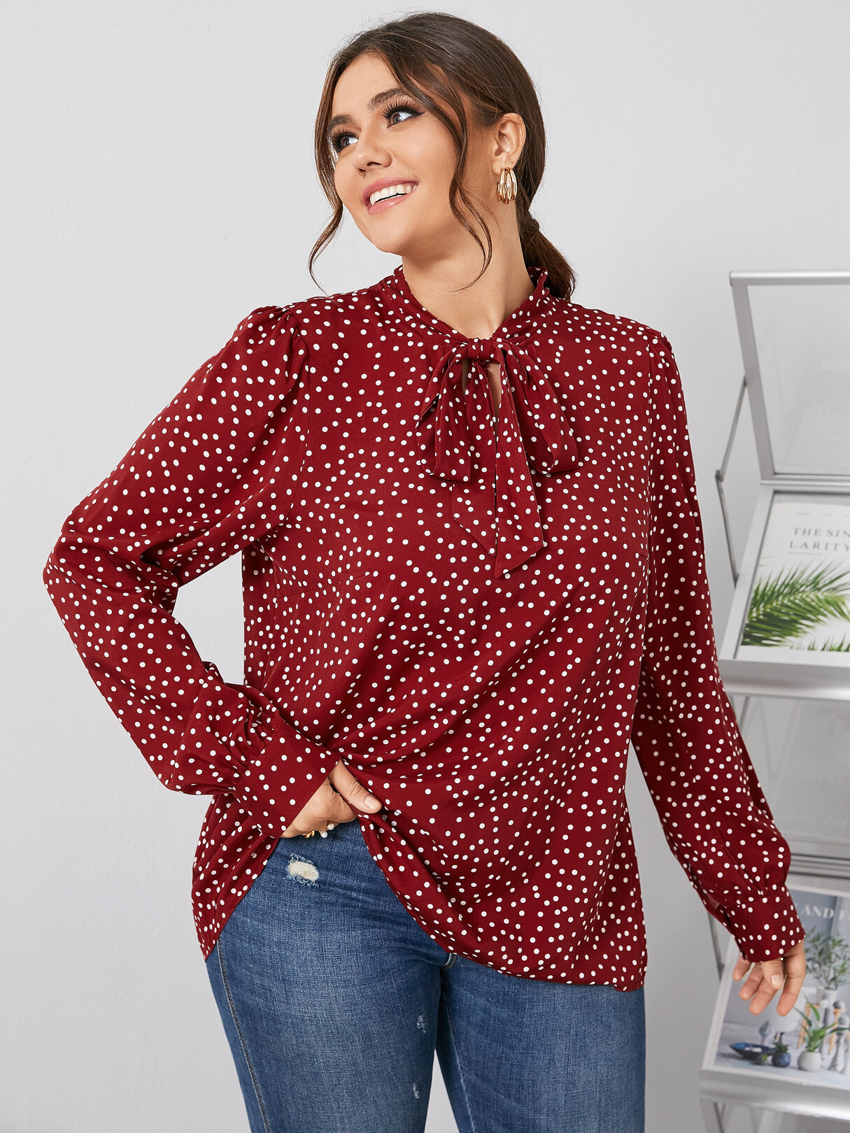 

Plus Size Polka Dot Tie-up Design Long Sleeves Blouse