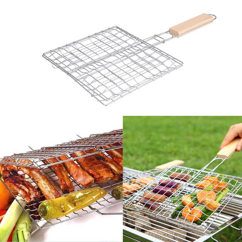 IPRee® IJzeren draad Barbecue Grilling Basket BBQ Net Houten handvat Vlees Vis Clip Houder
