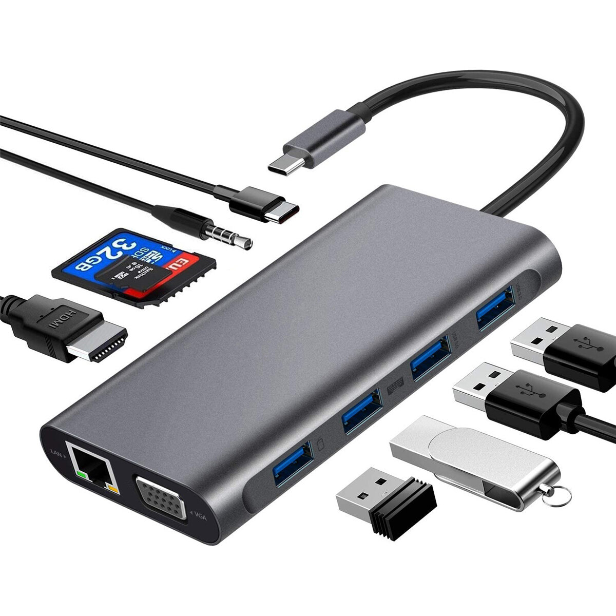 

Bakeey Type-c 11 в 1 док-станции с портом USB 3.0 * 4/RJ45 / VGA / HDMI / PD / TF / SD / 3.5 Быстрая зарядка для ноутбук