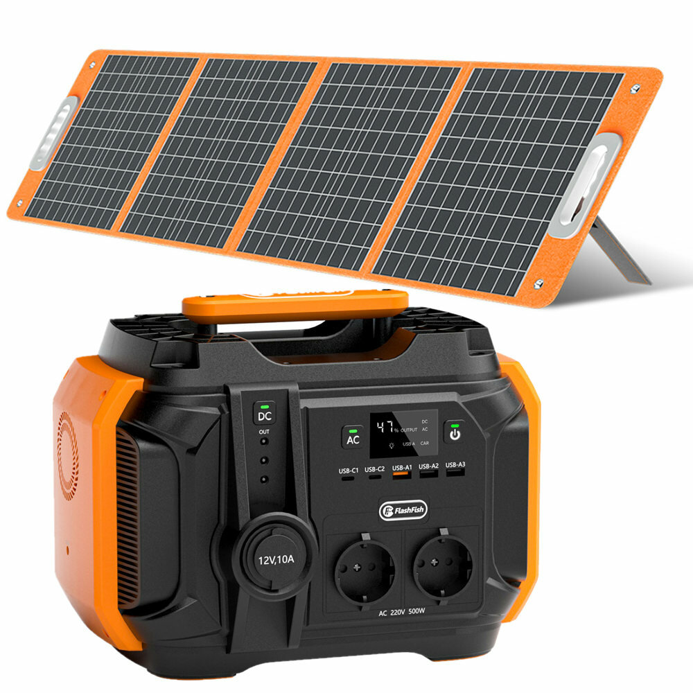 [EU Direct] Flashfish 500W Portable Power Station 540Wh Solar Generator With 100W Foldable Solar Panel Power Battery Set for Outdoor Camping