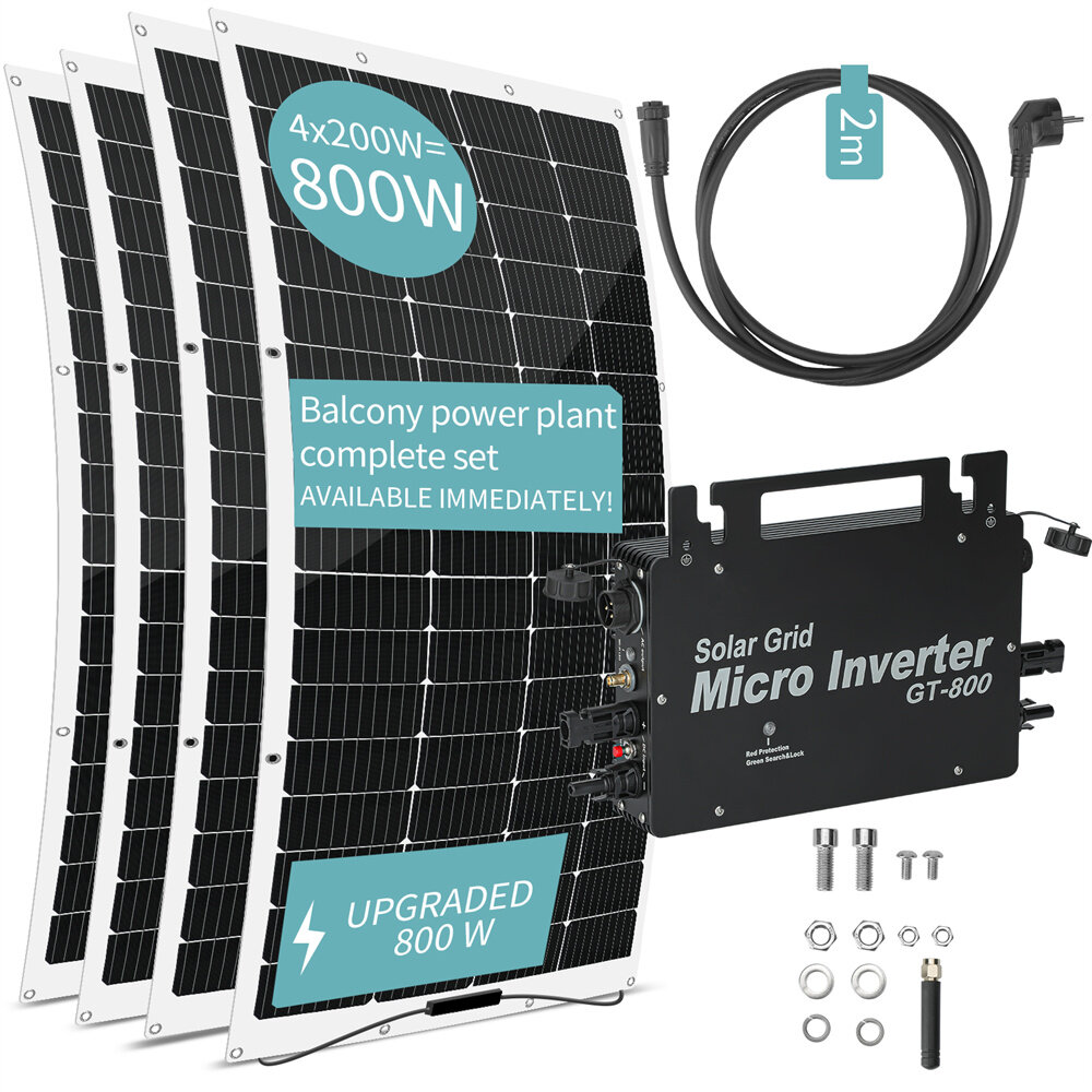 [EU Direct] LANPWR 800W Balkonkraftwerk mit 4 x 200W flexiblen Solarpaneelen, 23% Solarumwandlungseffizienz, 99,80% statischer MPPT-Wirkungsgrad, WiFi-Verbindung, IP67 wasserdicht, Überspannungsschutz