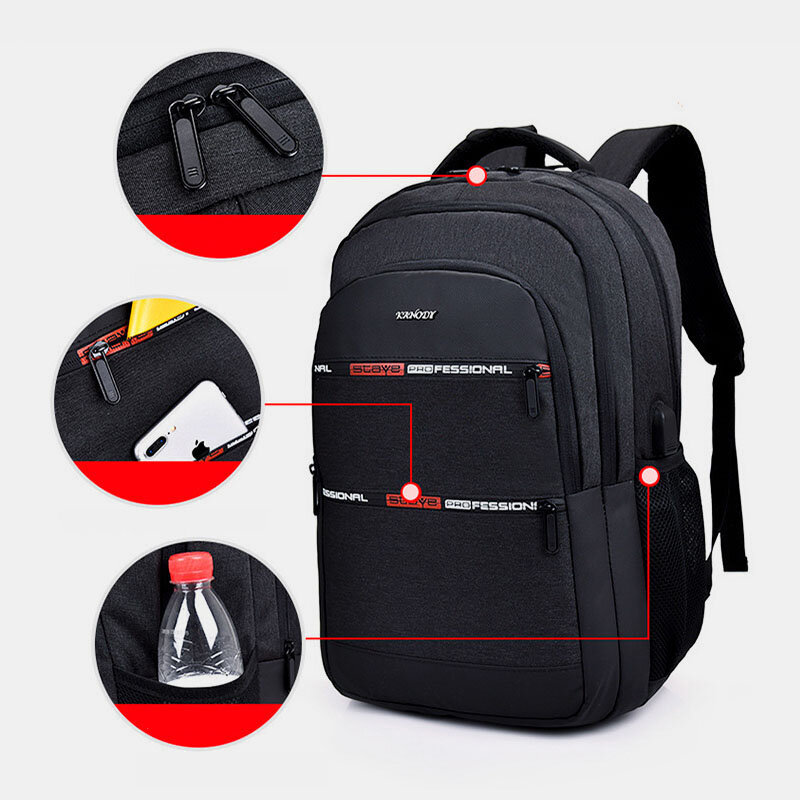 Men Nylon USB Charging Waterproof Large Capacity 15.6 Inch Laptop Bag Travel Backpack