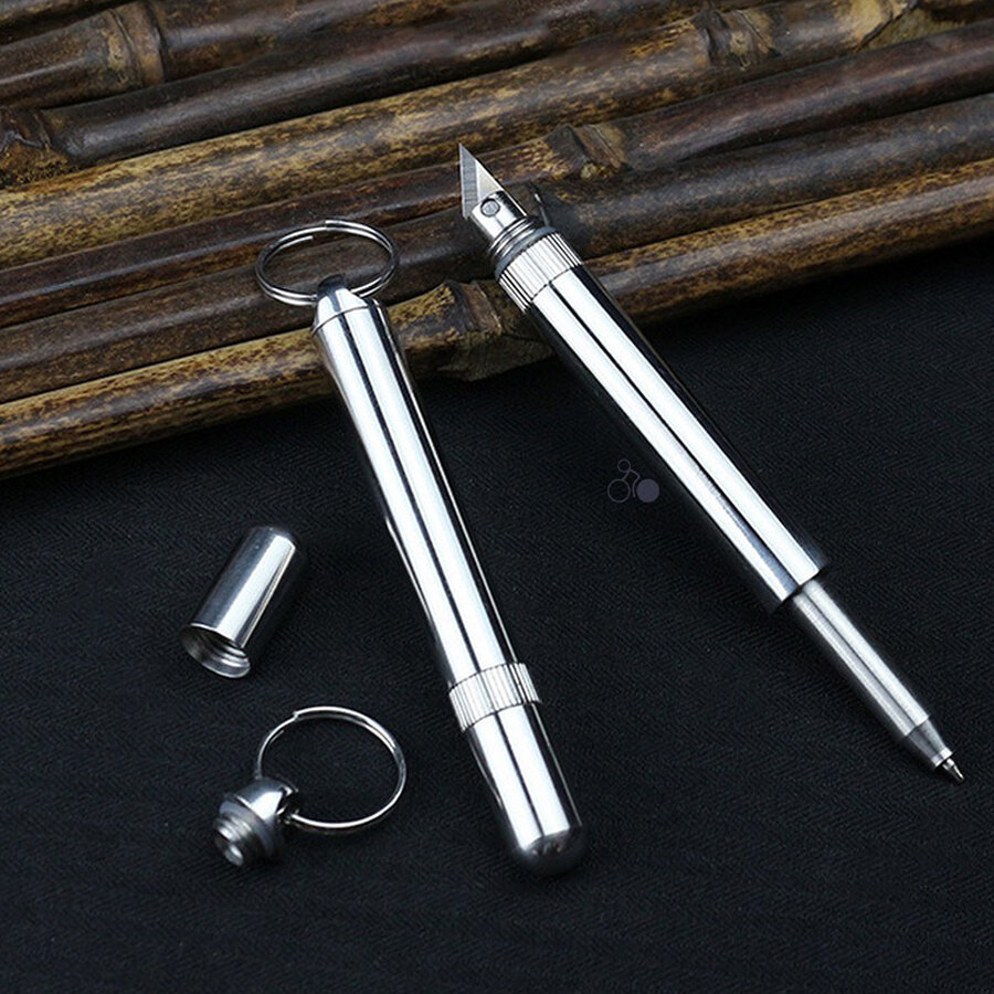 XANES® 2-in-1 Stainless Steel EDC Keychain Knife + Ball Point Pen Mini Key Ring Multi-Tools Telescopic Pen Gifts For Man