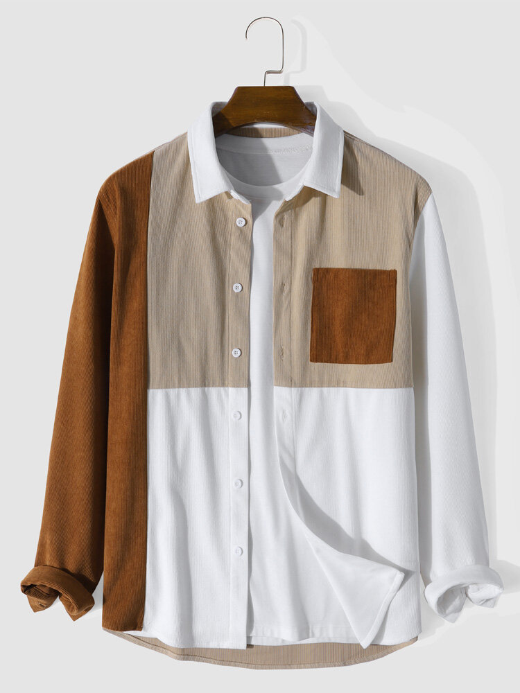 

Mens Splicing Corduroy Button Contrast Color Pocket Lapel Shirt